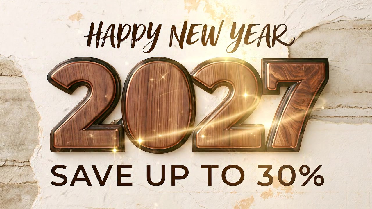 Grafica promozionale 'Felice Anno Nuovo 2027' con effetti di luce.