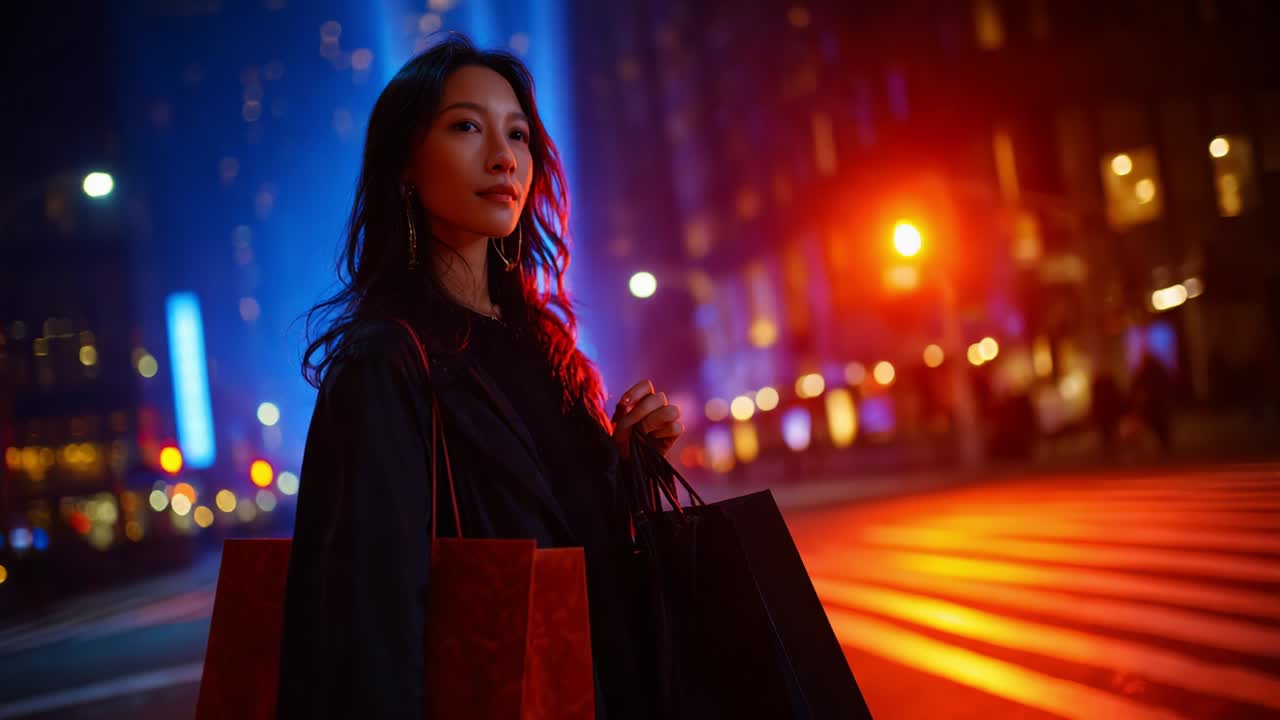 A Stylish Woman Carrying Shopping Bags at Night in an Urban Environment, Surrounded by Bright Neon Lights, Exuding Confidence and Fashionable Elegance as She Navigates the City Streets