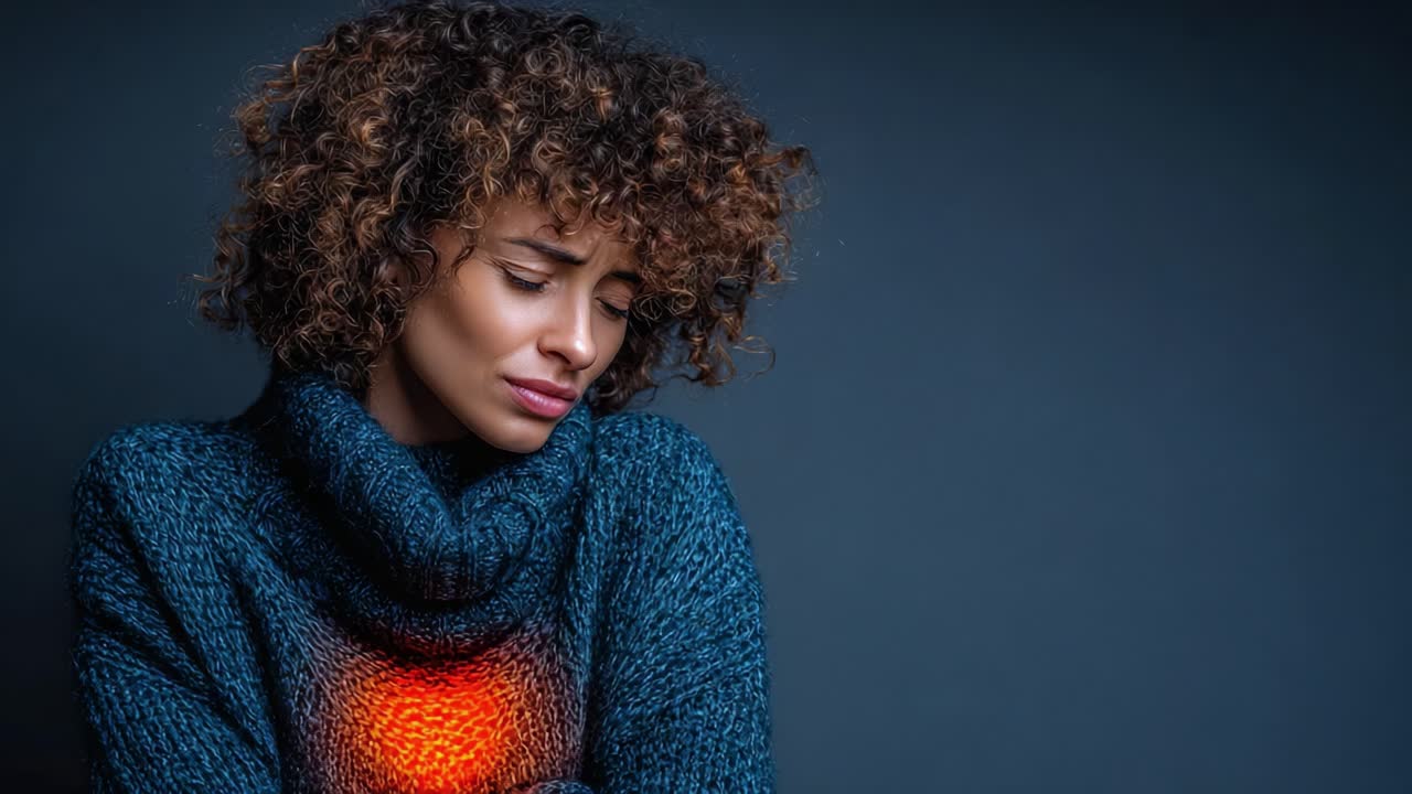 A contemplative woman dressed in a cozy sweater gently cradles her glowing heart, embodying vulnerability and emotional depth against a minimalist backdrop, evoking empathy