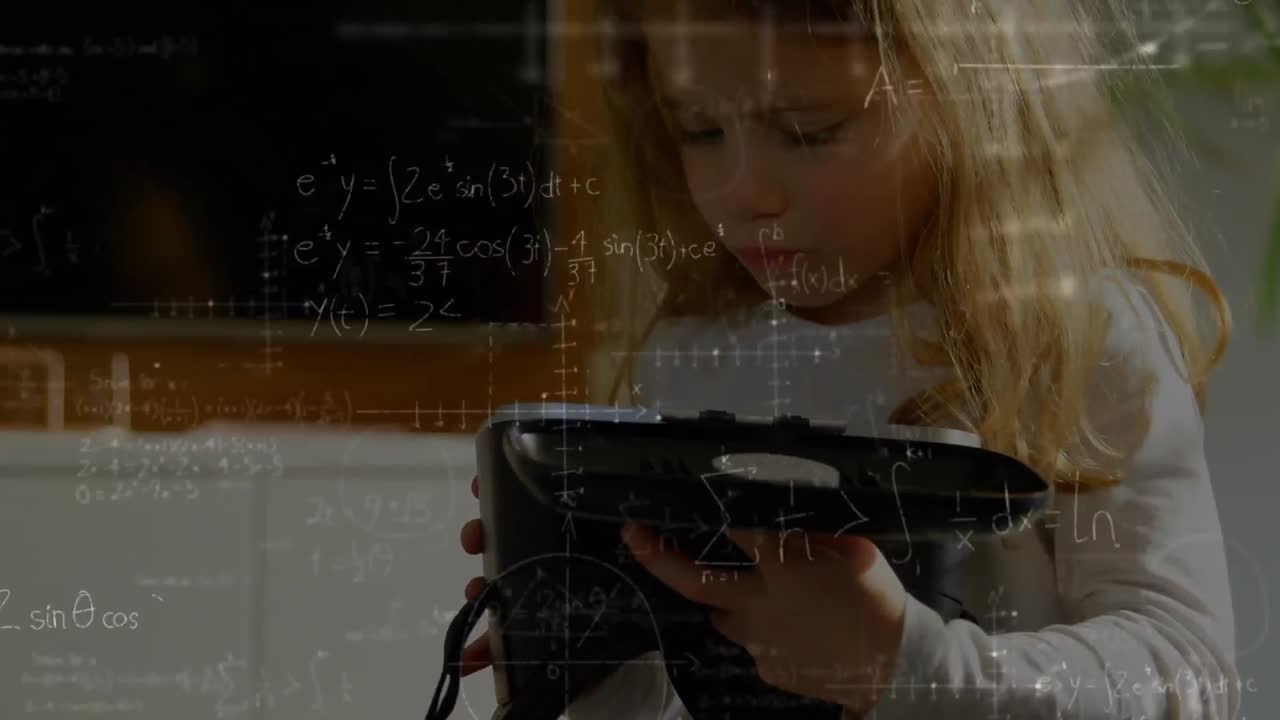 Animation of mathematical drawings and equations over toddler wearing vr headset