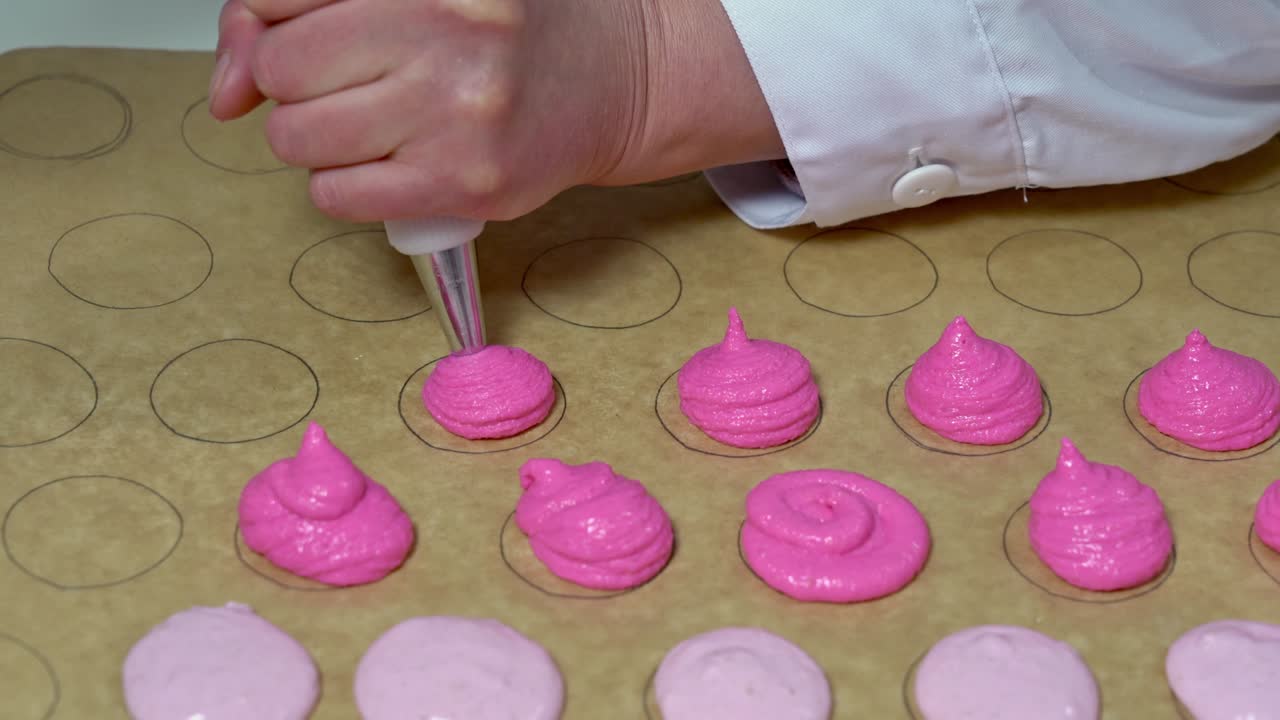 panadero usando una bolsa de pastelería para llenar formas circulares en papel de pergamino con un tono de color diferente de masa rosa. fabricación de macarrones.