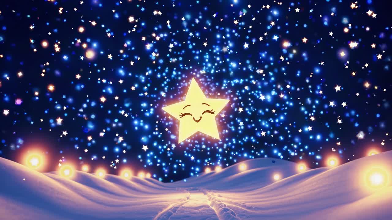 눈 인 언덕은 마법의 별빛 밤하늘 아래 빛나고, 크고 친절하고 미소 짓는 별이 밝게 빛나고, 기묘하고 매혹적인 겨울의 경이로운 나라를 만니다.