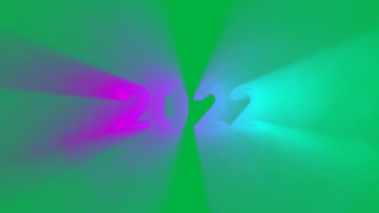 Animatie van de tekst '2022' in roze en groene neonletters op een witte achtergrond