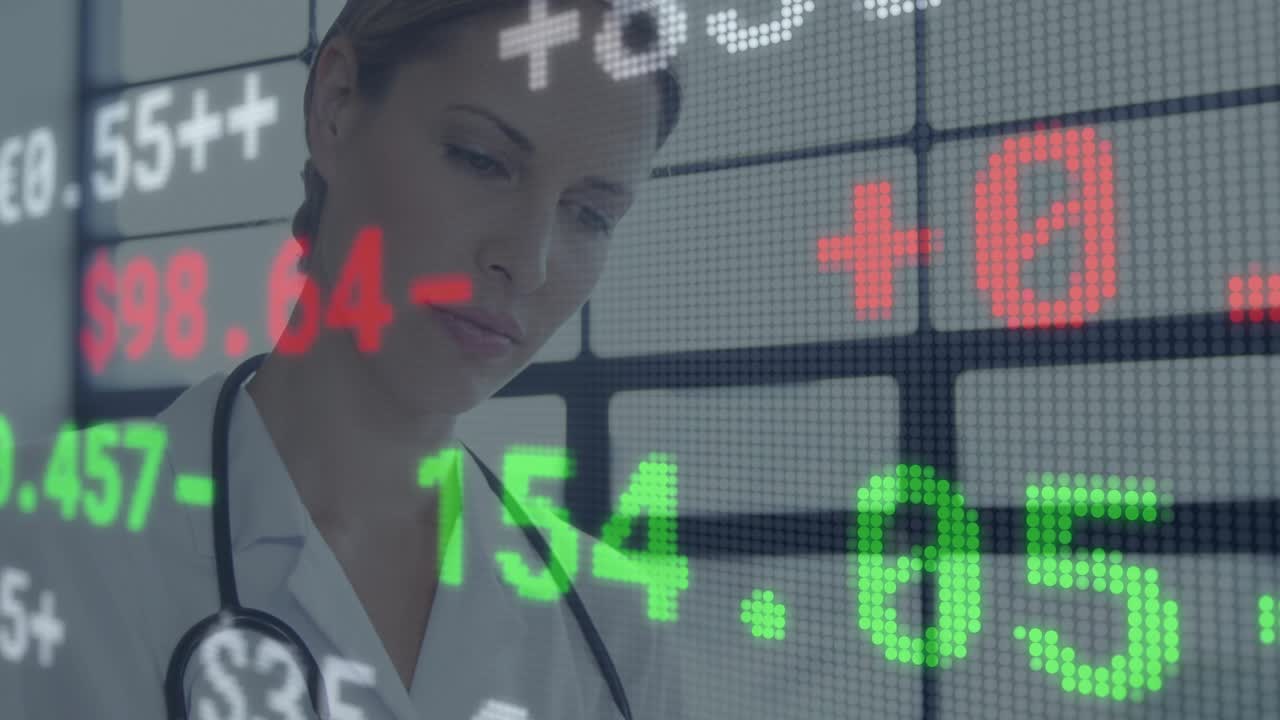 Woman doctor reading clipboard in clinic starting scrolling finance ticker over face and looking up