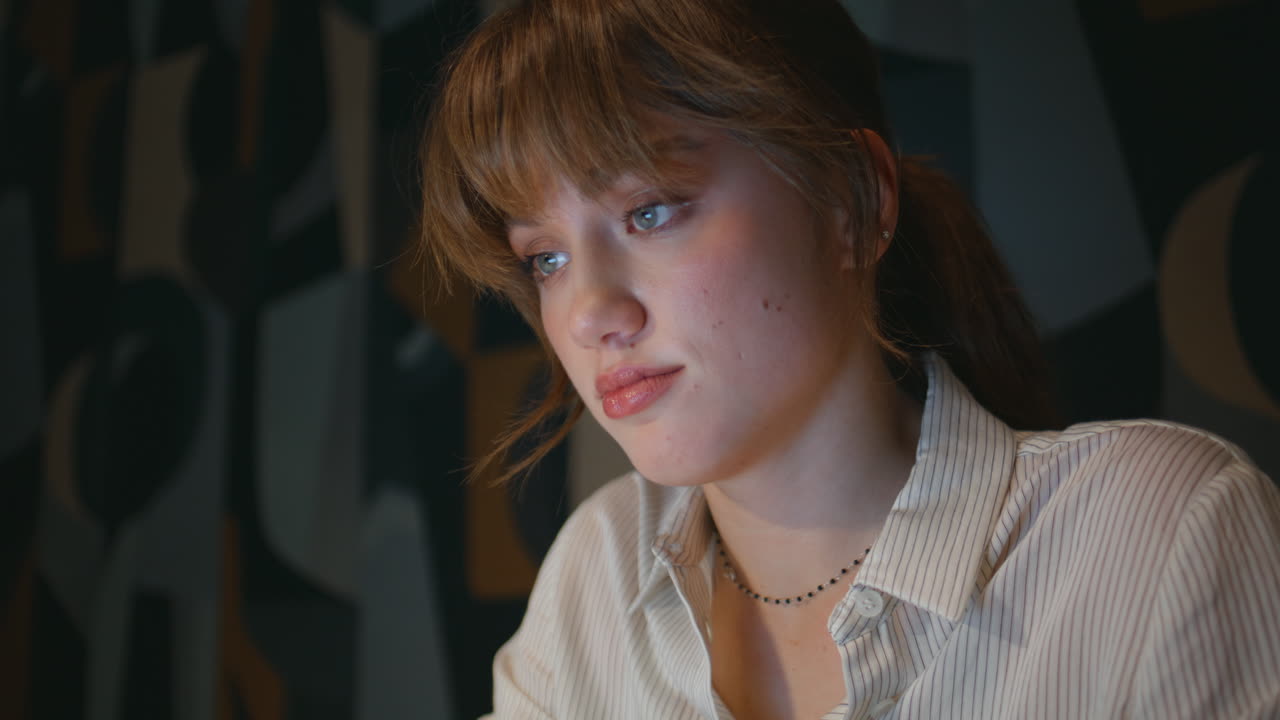 Office lady overworking night solving problem office closeup. Late businesswoman