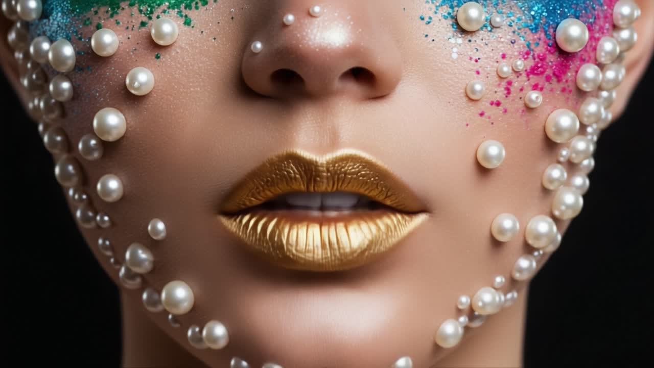 An Artistic Portrayal of Glamorous Makeup: A Close-Up Featuring Glitter, Colorful Accents, and Pearls Surrounding a Bold Gold Lip in Stunning Detail