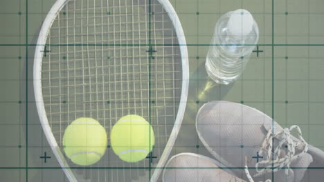 3d render of tennis racket, balls being displayed overhead on court grid with shoes and bottle