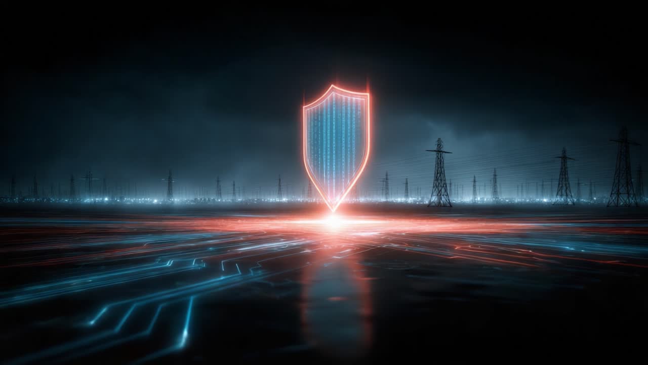A Stunning Visual Representation of Cybersecurity, Featuring a Glowing Shield that Symbolizes Protection Amidst an Electric Landscape with Power Lines and High-Tech Elements