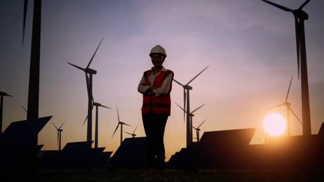 full body side view of asian female engineer in a helmet smiling and posing with arms crossed while standing in front of wind turbines rotating at sunset
