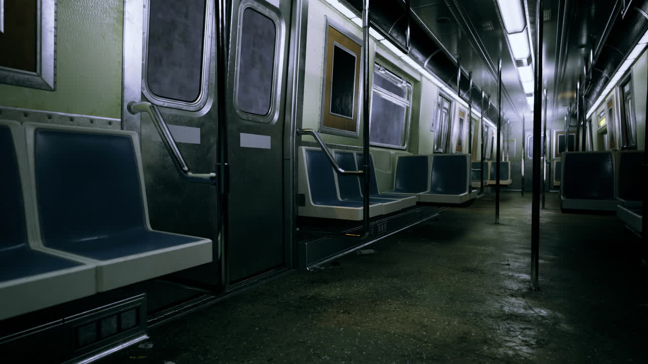 Empty subway train interior during late night hours in urban environment