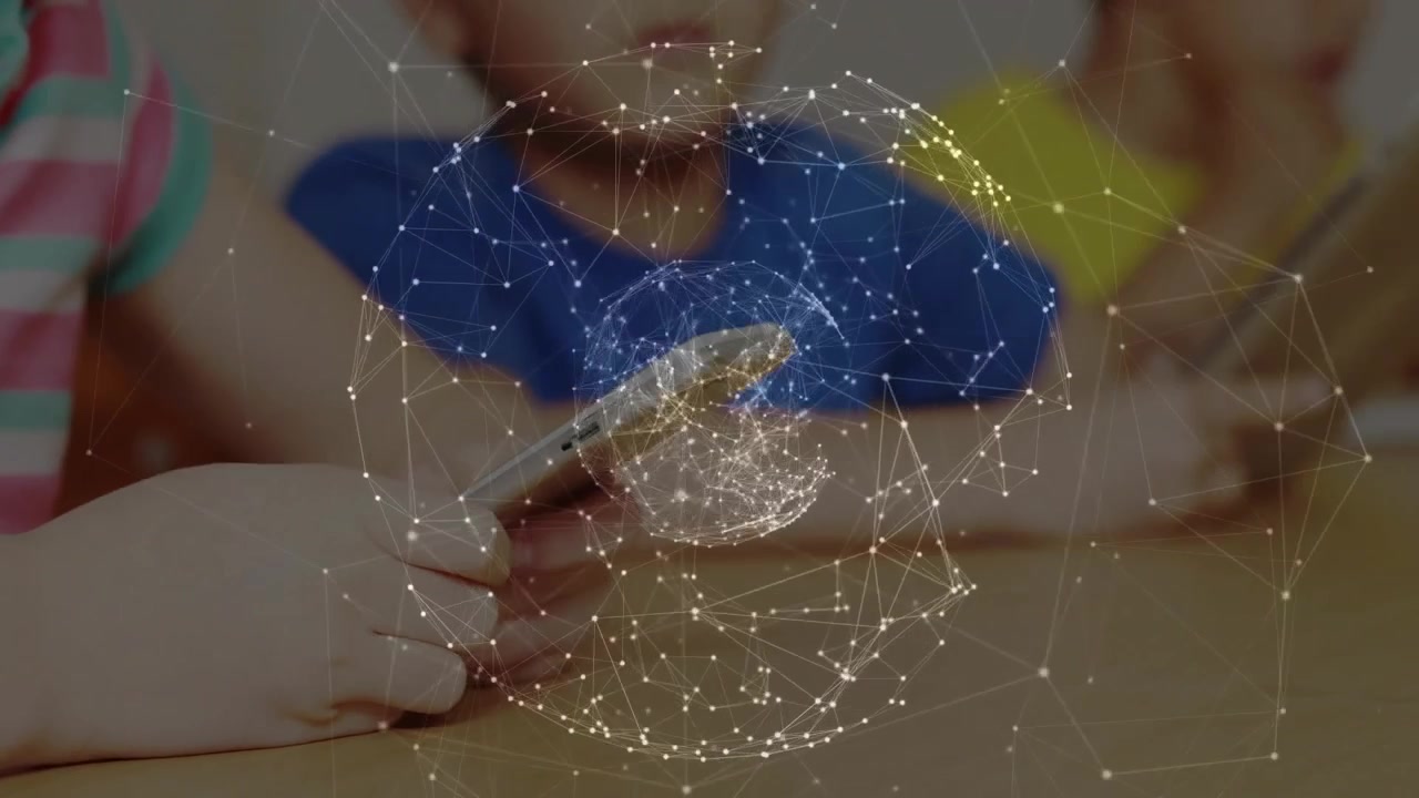 Group of three children tapping screens and shaping glowing network sphere for digital learning