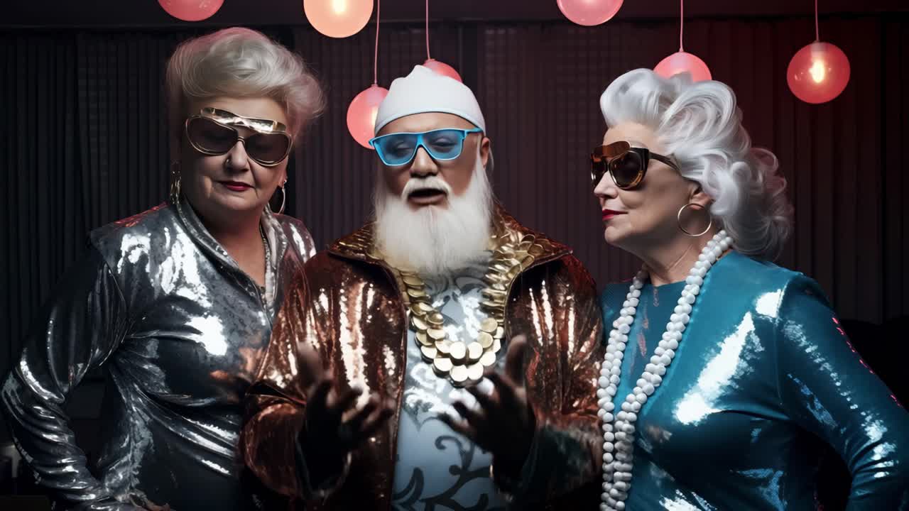 Three eccentric senior friends wearing shiny clothes, big sunglasses and gold chains are posing gesturing with hands in a disco with hanging lights