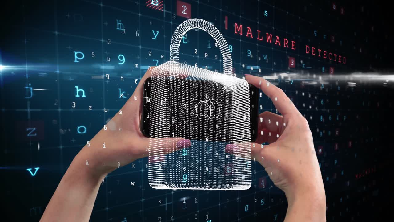 manos sosteniendo un teléfono inteligente contra conceptos e iconos de seguridad cibernética