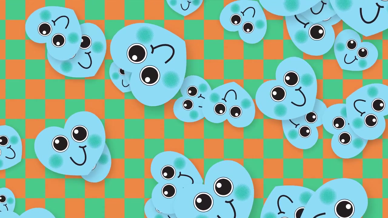 Animated blue heart characters with smiling faces fall across a vibrant orange and green checkerboard.