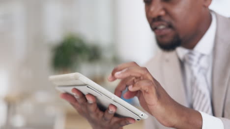 business, tablet and black man writing notes