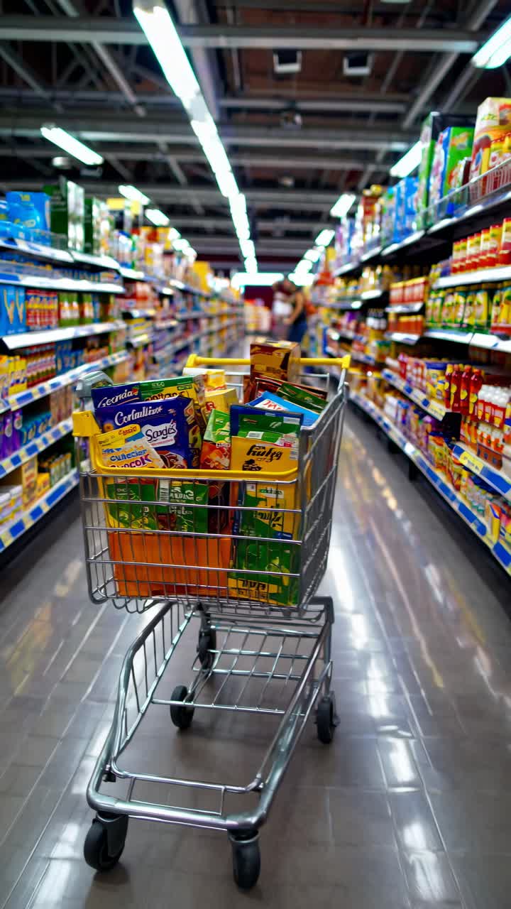 Eye-level shot of a shopping cart filled with groceries in a supermarket aisle, capturing a vibrant