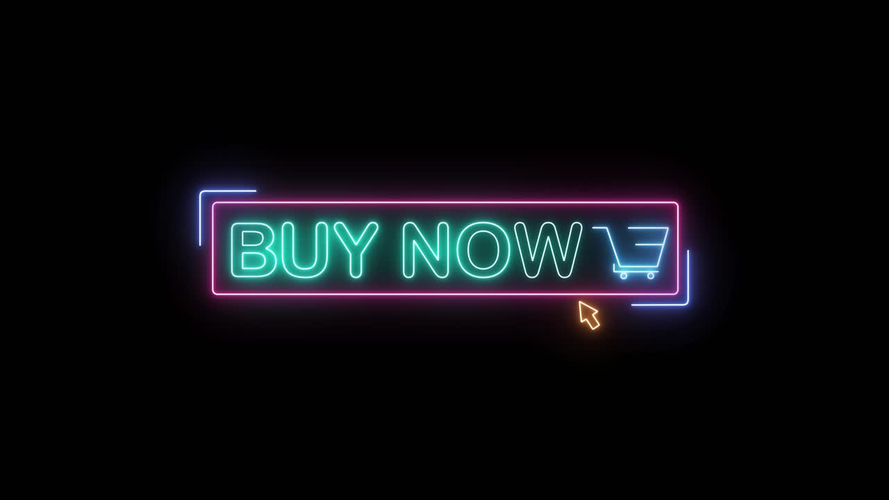 Glowing neon buy now button with shopping cart icon flickers on a black background