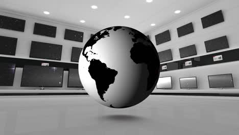 animación del globo sobre la pared con pantallas de televisión