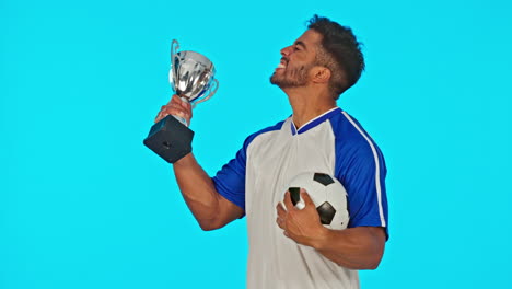 Win,-football-and-face-of-a-man-with-a-trophy