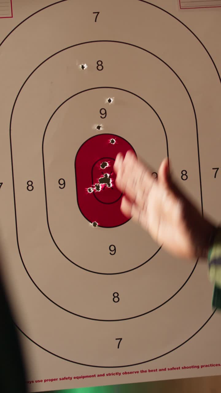 Vertical video Army leader teaches recruits in shooting gallery how to shoot target center
