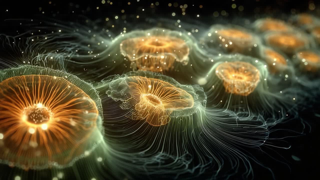 Un viaggio affascinante attraverso meduse bioluminescenti in movimento, che mostrano la loro bellezza eterea e grazia contro uno sfondo di mare mistico.