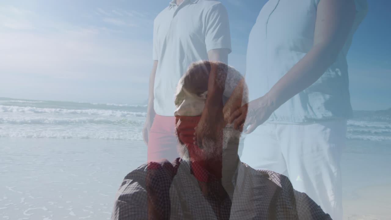 Animation of african american senior man over african american senior couple walking on beach