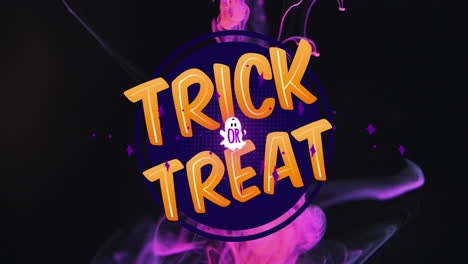 animation of trick or treat text and ghost over pink smoke on black background