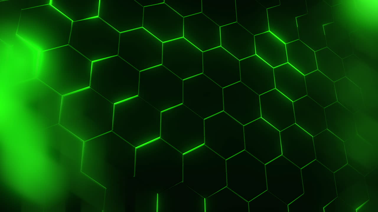 Green hexagonal shapes on a dark background with glowing rays. Looped motion graphics with nice bokeh.