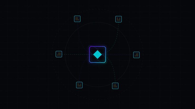 Abstract Digital Network Hub with Rotating Data Nodes