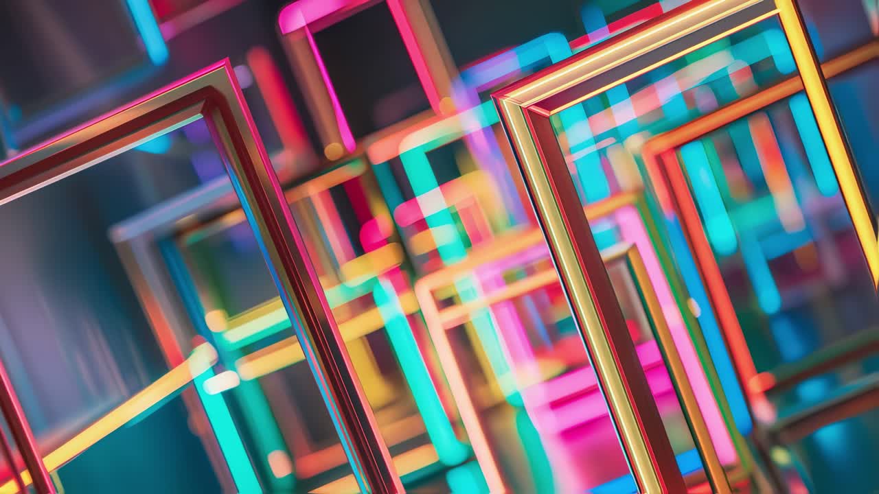 Colorful neon rectangular frames glowing and moving dynamically across dark background, creating mesmerizing geometric light animation with vibrant energy