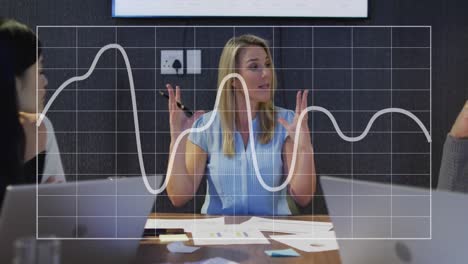animación del procesamiento de datos financieros sobre una mujer de negocios caucásica que trabaja en la oficina