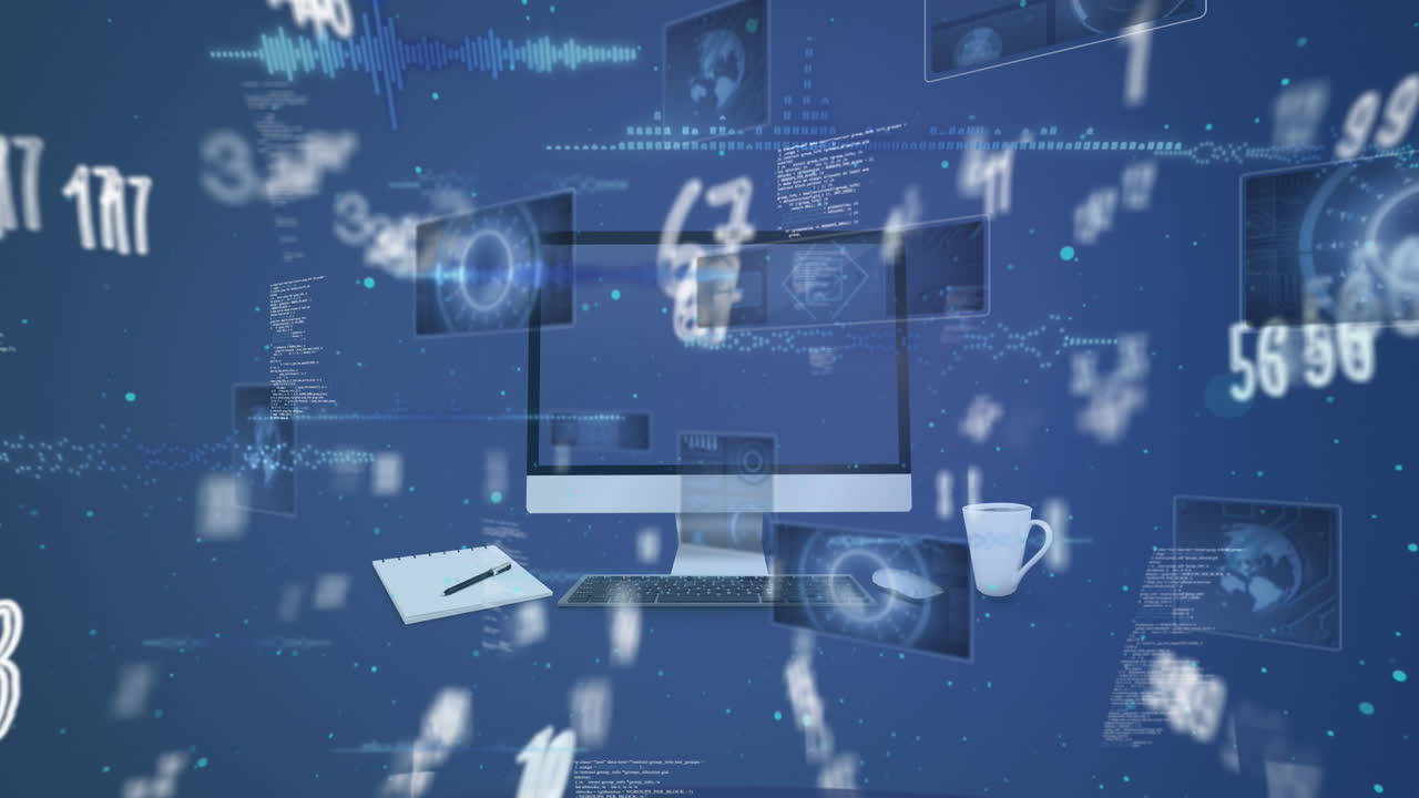 파란색 배경에 컴퓨터를 통해 데이터 처리의 애니메이션