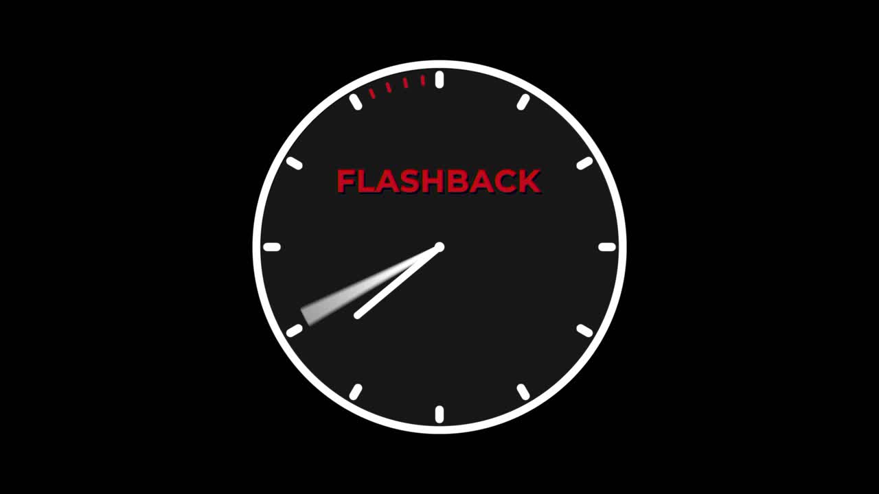 둥근 시계가 뒤로 회전하고 단단한 검은 바탕에 고립되어, 시간은 뒤로 돌아가는 플래시백 개념