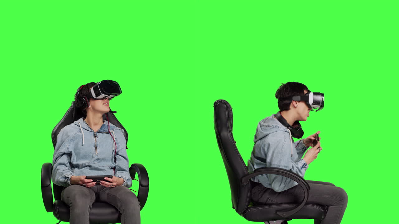 젊은이가 휴대 전화 앱에서 vr 헤드으로 게임 플레이를 잃고 있습니다.