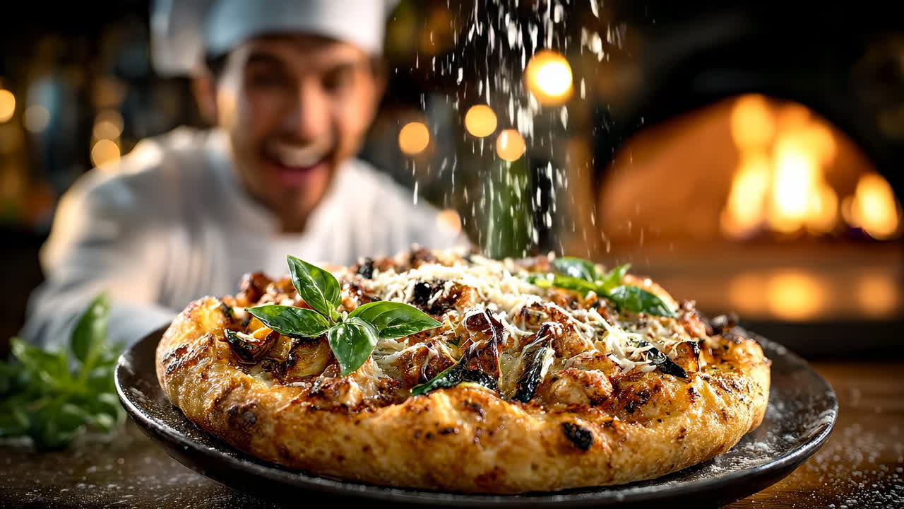 Chef making gourmet herb pizza. A chef sprinkles fresh herbs and cheese on a freshly baked gourmet pizza in a warm, inviting kitchen setting