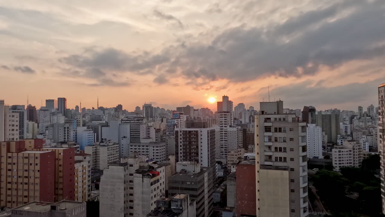 Aerial pull back shot capturing São Paulo cityscape at dusk in Brazil. Sunset. Timelapse.
