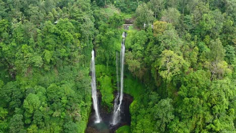 aerial top down of twin waterfalls in dense jungle of bali indonesia