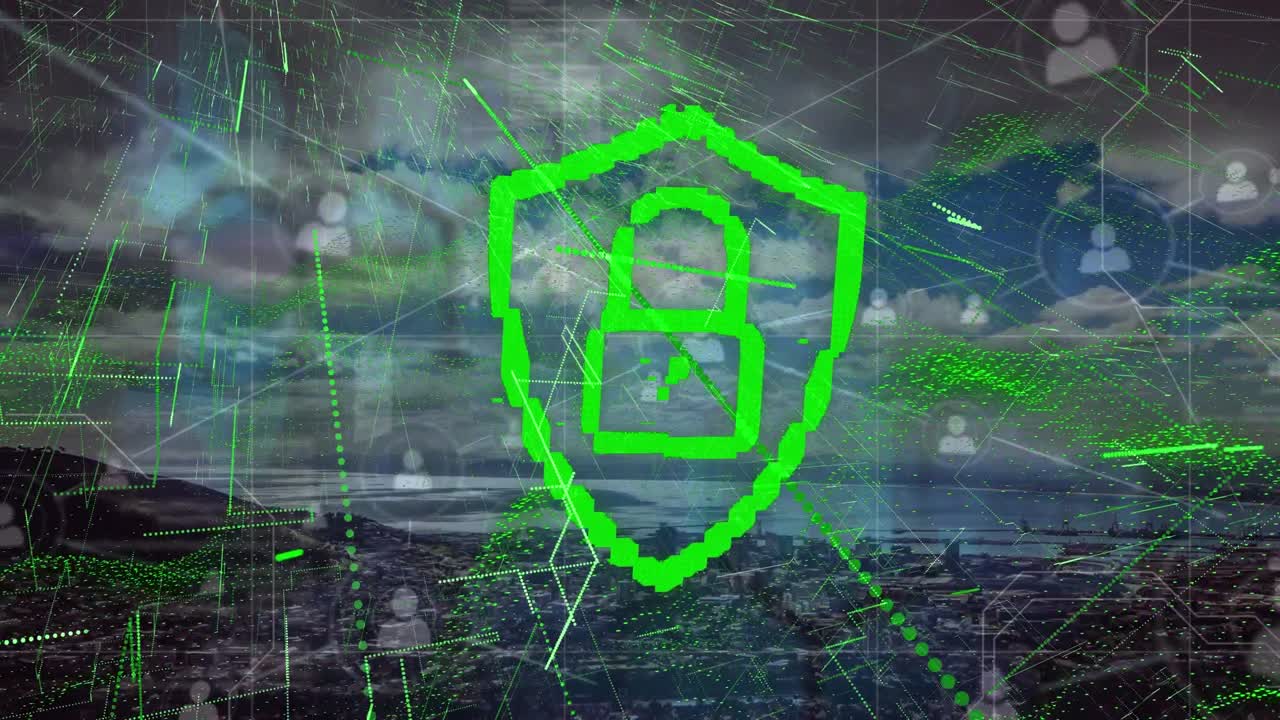 animazione della rete di connessioni e dell'icona del lucchetto sul paesaggio urbano