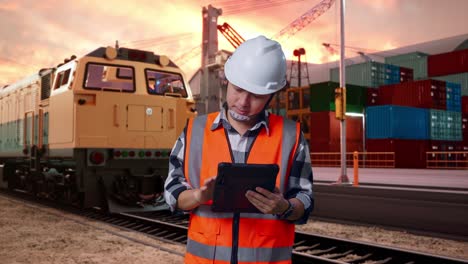 engineer using tablet at a port with train background
