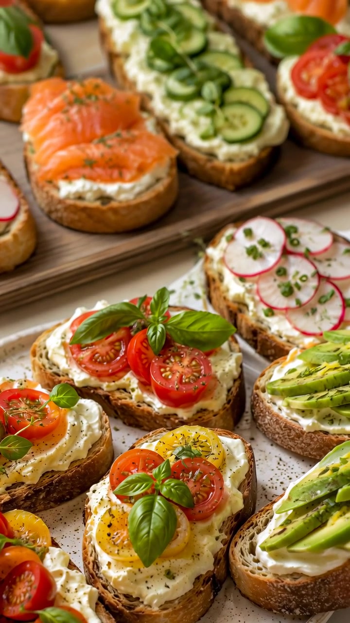 Nærbilde av diverse håndverksmessige smørbrød arrangert på keramiske tallerkener og et serveringsbrett i tre, med frørikt fullkornsbrød, pisket kremost, cherrytomater, basilikum og avokado.