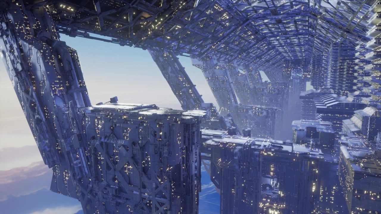 Distant planes streak across radiant horizon above towering city structures