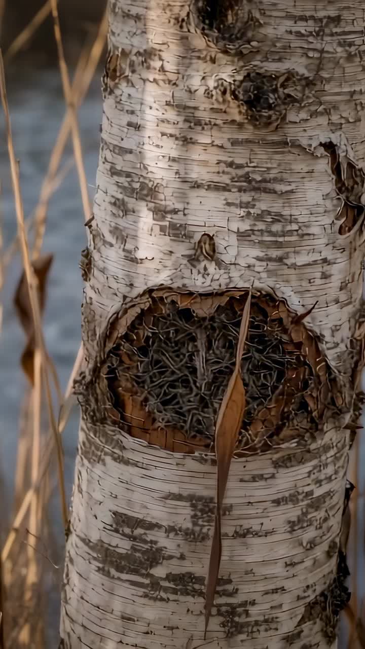 Vertical video: Swaying dried reed on birch trunk shifting from breeze at pond edge, knothole nest