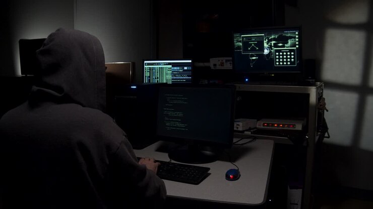 Hacker informatico che digita codice.