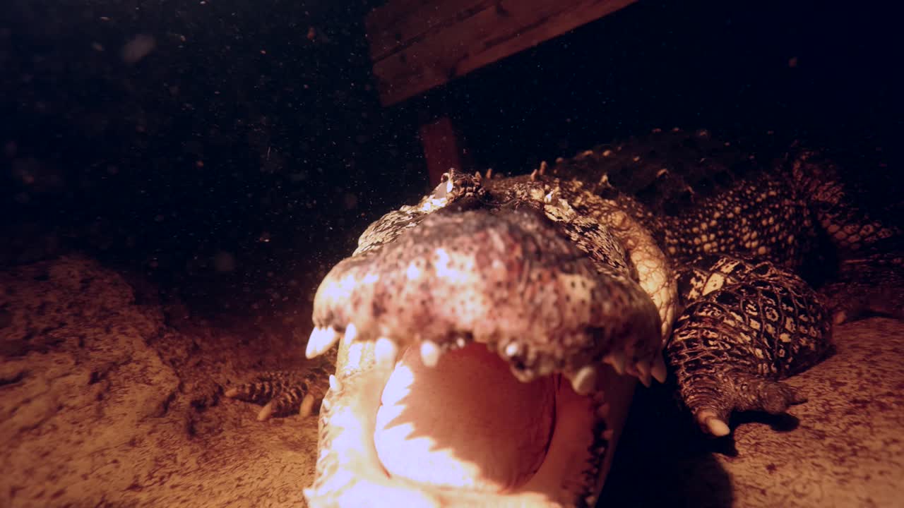 caimán bajo el agua debajo del muelle abre la boca como advertencia a la cámara slomo