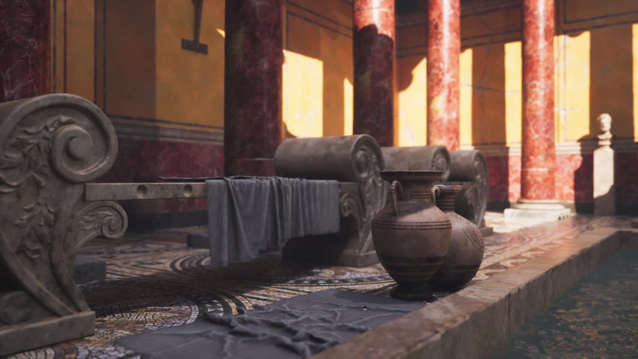 Ancient roman bath with marble columns and pottery details in vibrant setting