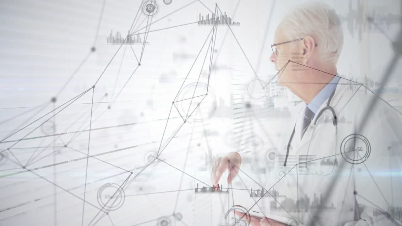 Animation of network of connections over caucasian male doctor at window