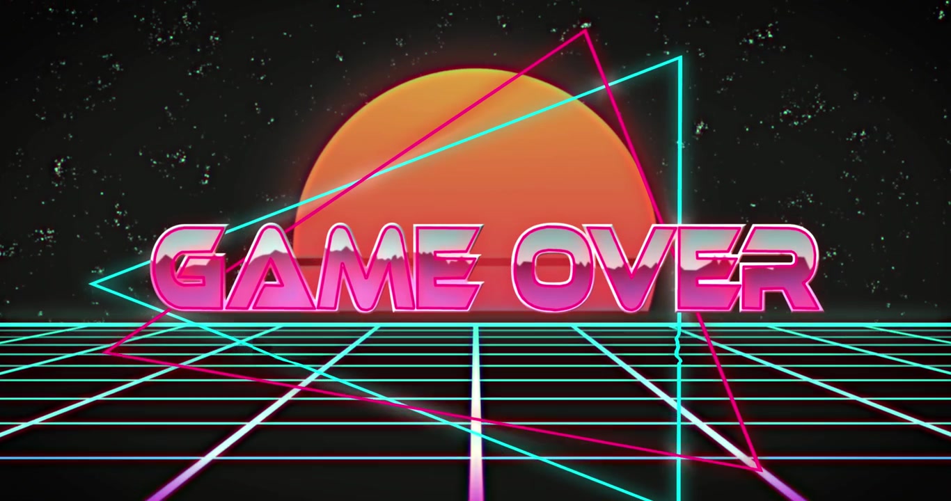 Animación de texto rojo 'Game Over', triángulos de neón en una cuadrícula y la palabra 'good' sobre fondo negro.