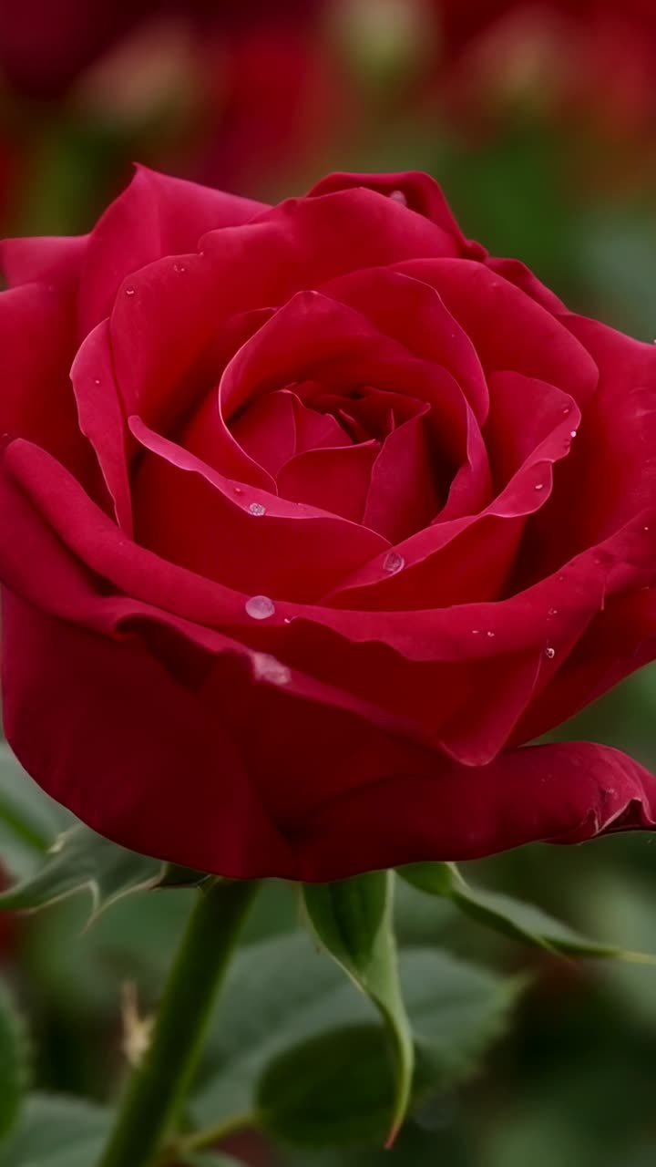 Video verticale: camera in movimento che avvicina una singola rosa rosso intenso in un'aiuola di rose, mostrando la rugiada