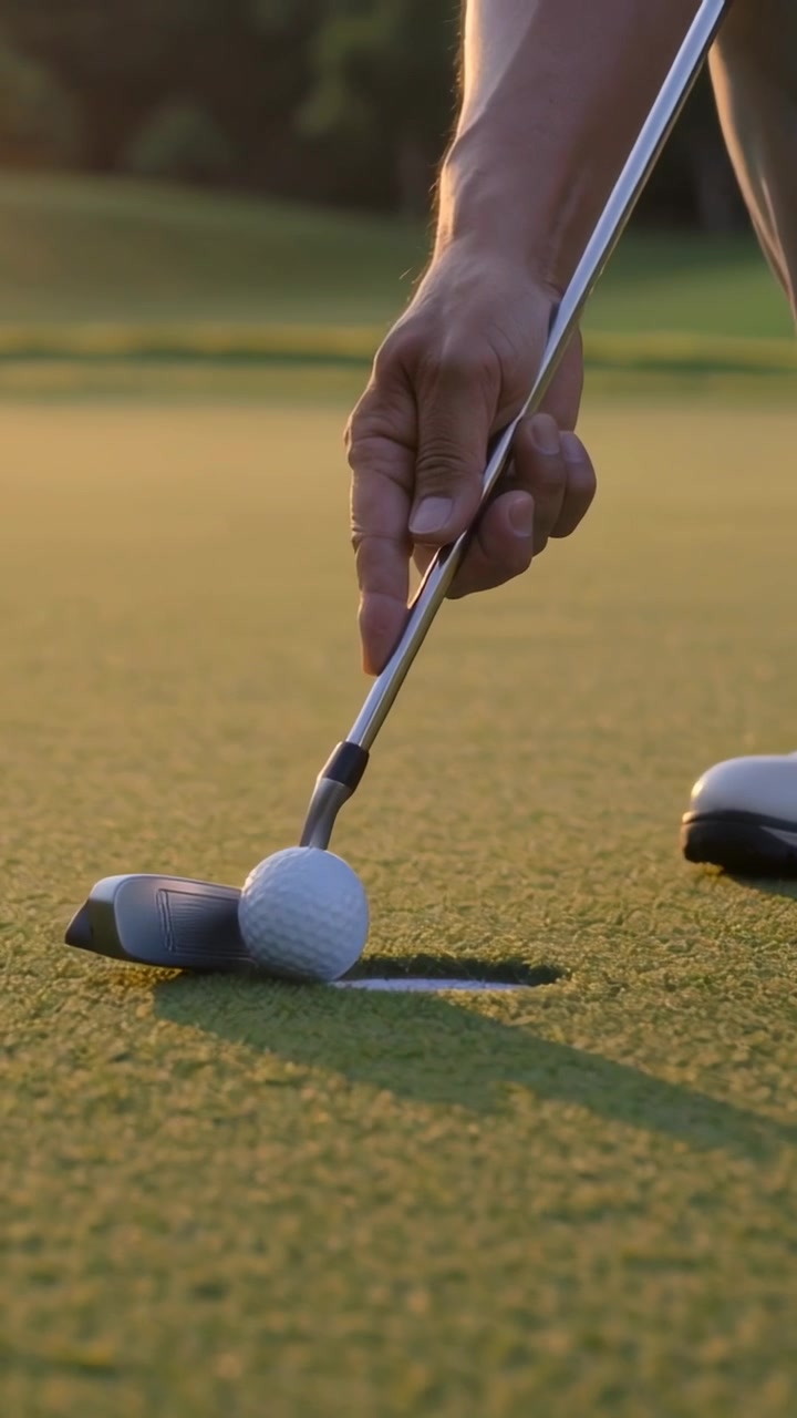 Video verticale: Mano di golfista che si allunga posizionando il putter sulla palla vicino alla buca sul green, allineando il putt, scarpa.
