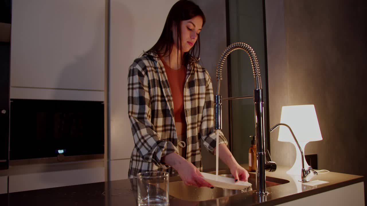 Confident brunette girl in a checkered shirt washes dishes and rinse aid with a sponge and cleaning product in the kitchen in the evening in a modern apartment routine